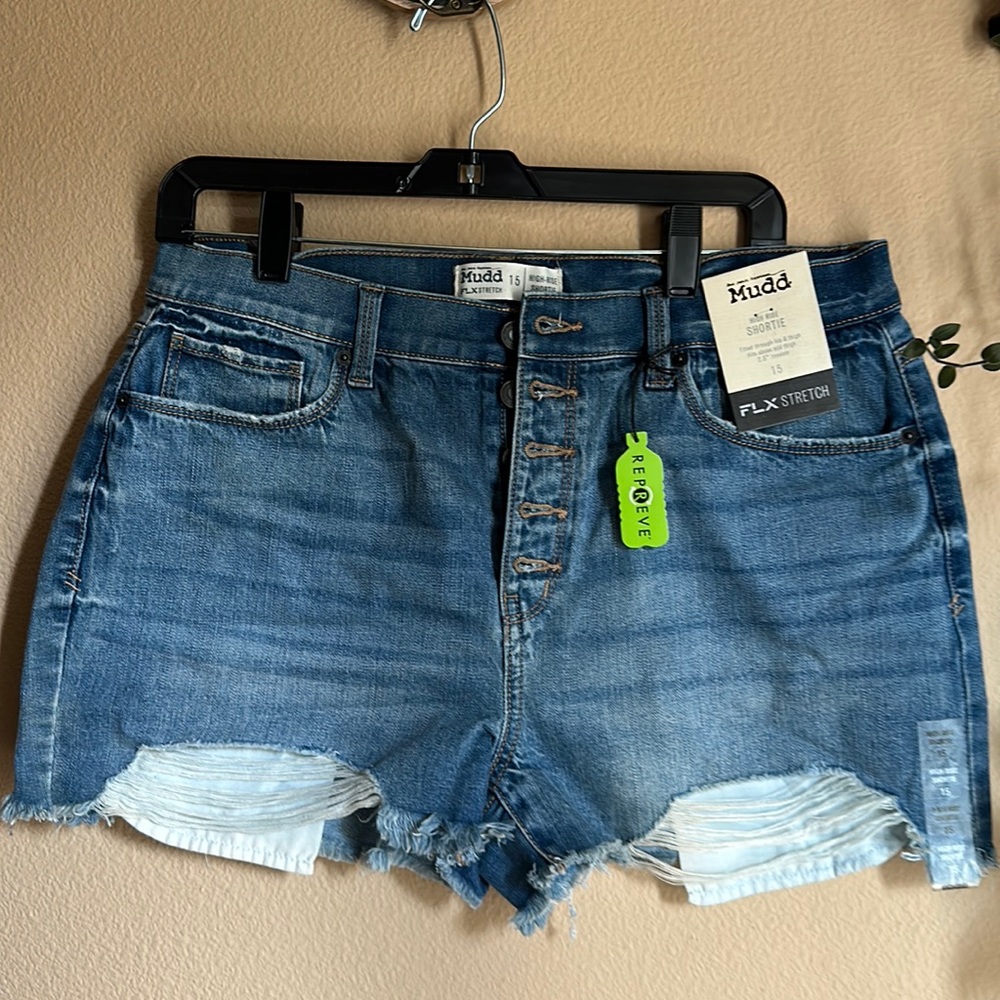 Mudd size 10/12 distressed high rise button up jean shorts